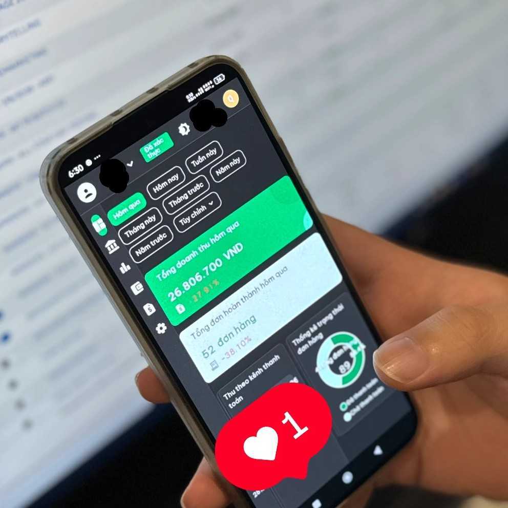 Ảnh chụp dashboard doanh thu thật ngày cao nhất: 26.806.700đ với 52 đơn hàng trong 1 ngày